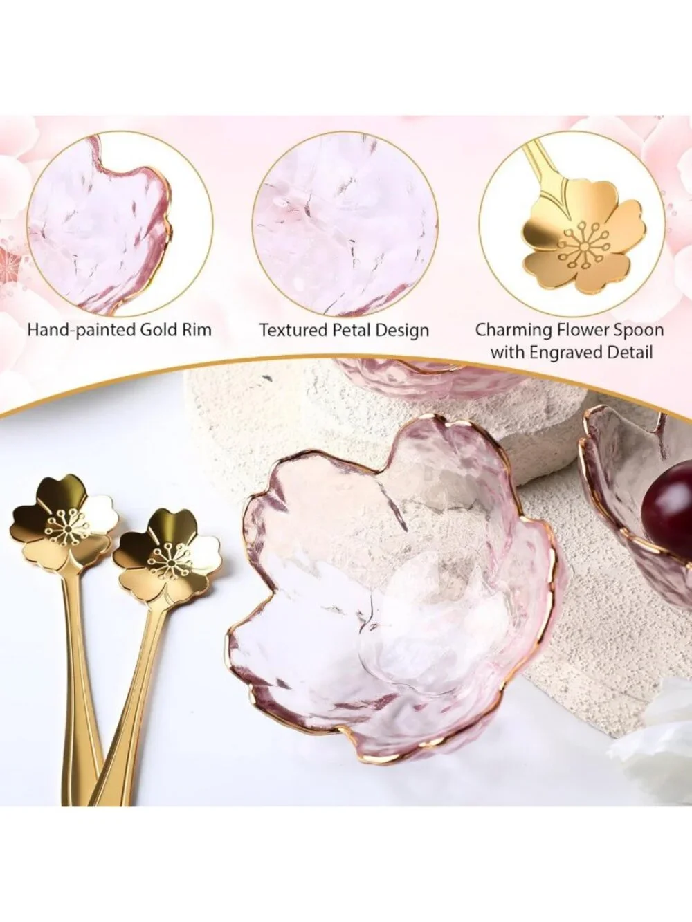 Set of 8 Mini Pink Cherry Blossom Bowls with Flower Spoons - Elegant Tableware